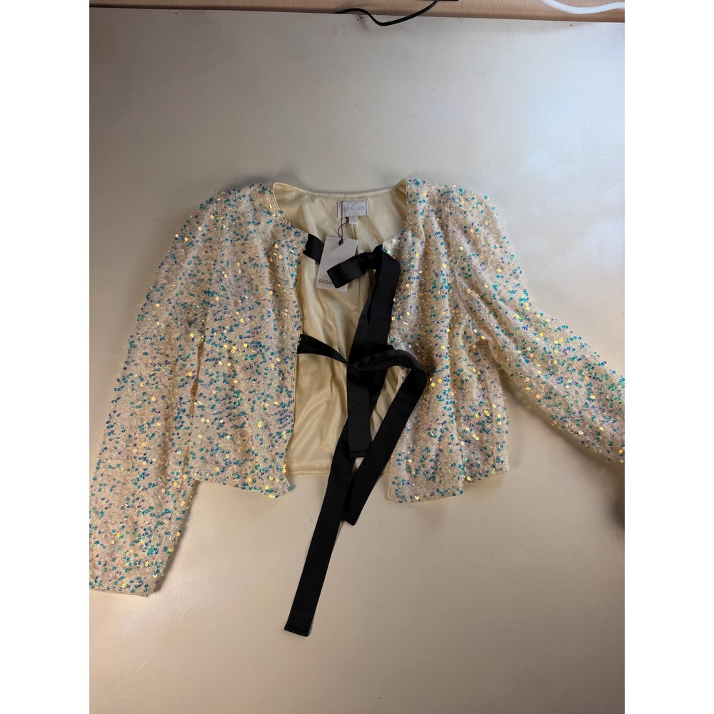 Sugarlips Sequin Jacket Women XS Cream Y2K Glam Iridescent Ribbon Tie STJ8143